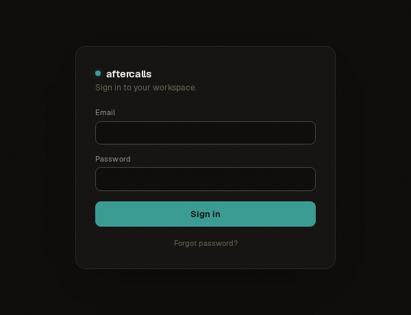 Screenshot of the aftercalls sign-in page with email field and single sign-on options.