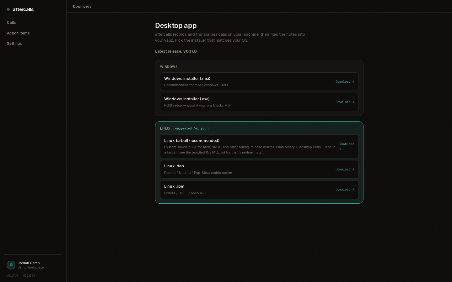 Screenshot of the downloads page listing installers for Linux, Windows, and macOS.