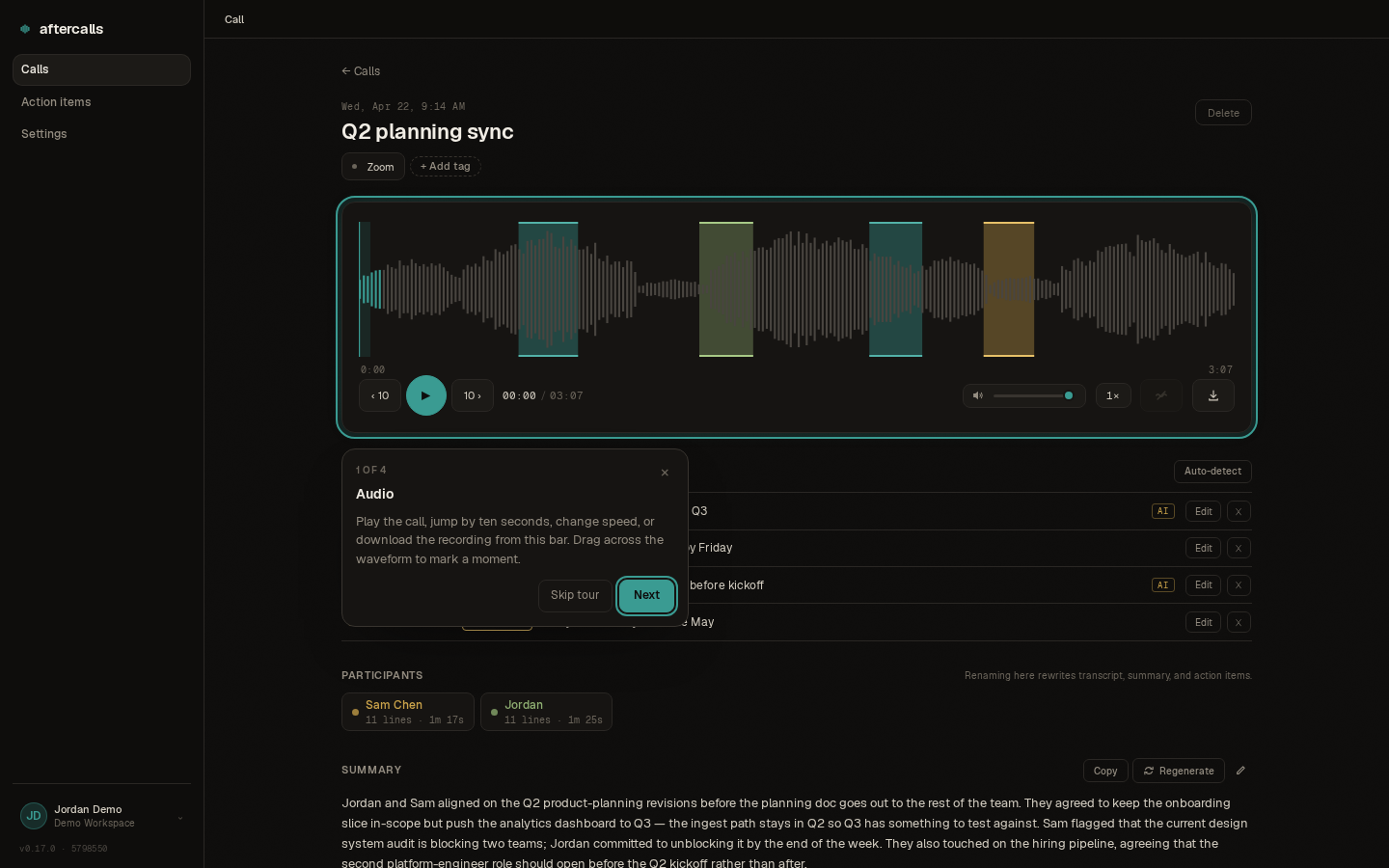 Screenshot of a call detail page with transcript, summary, and audio player.