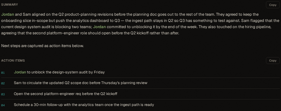 Screenshot of the AI-generated call summary section.