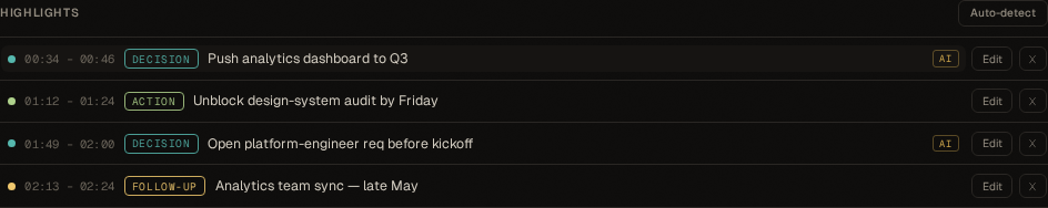 Screenshot of call highlights with timestamped clips.