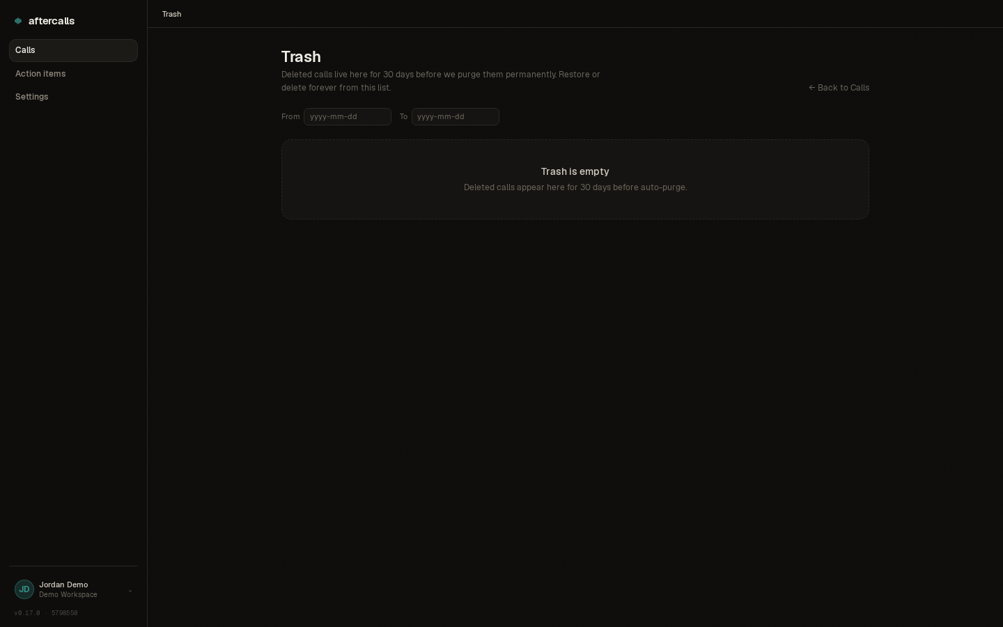 Screenshot of the recycle bin for deleted calls.