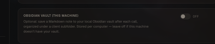 Screenshot of settings showing Obsidian vault export path.