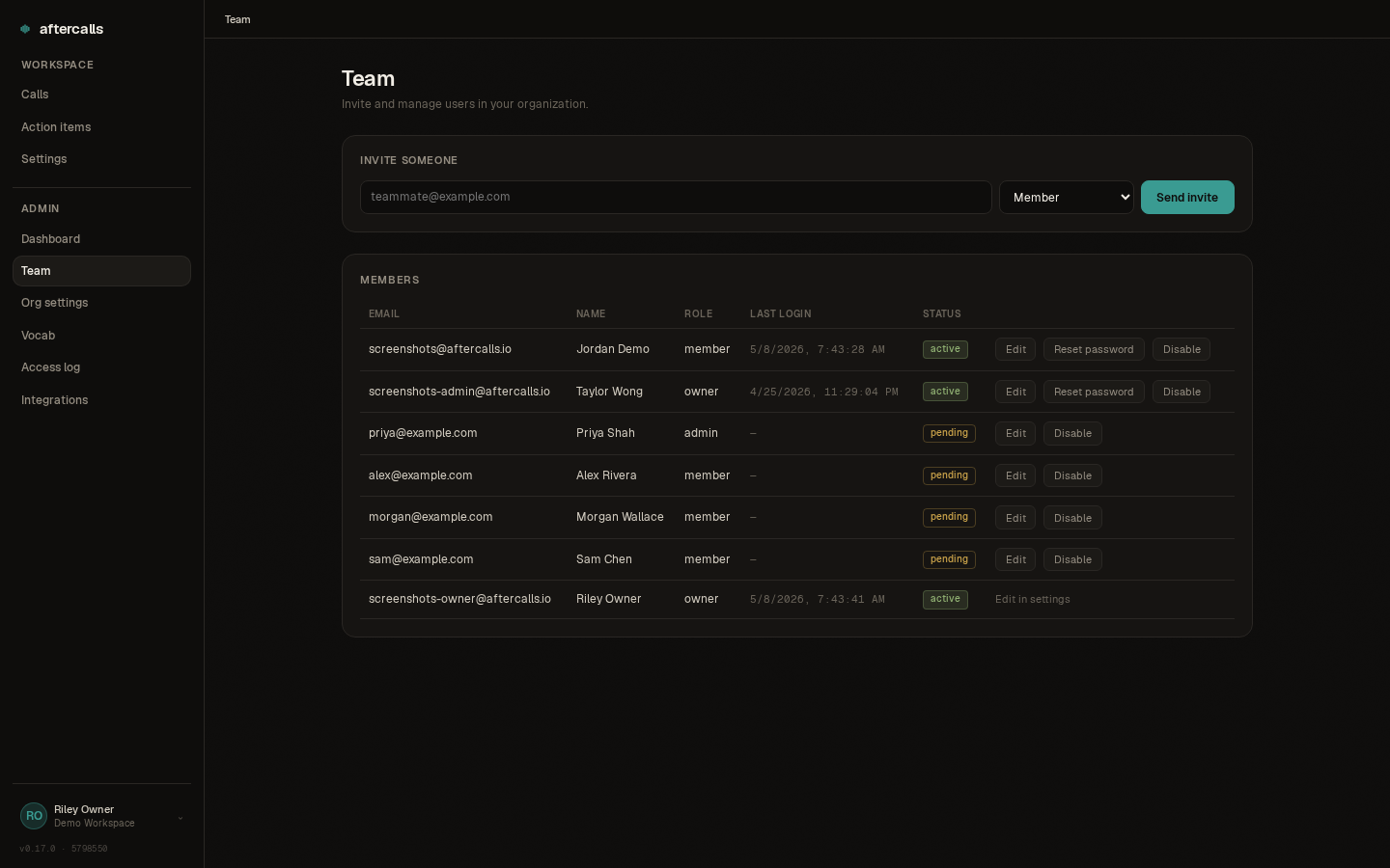 Screenshot of the admin team page with invites and roles.