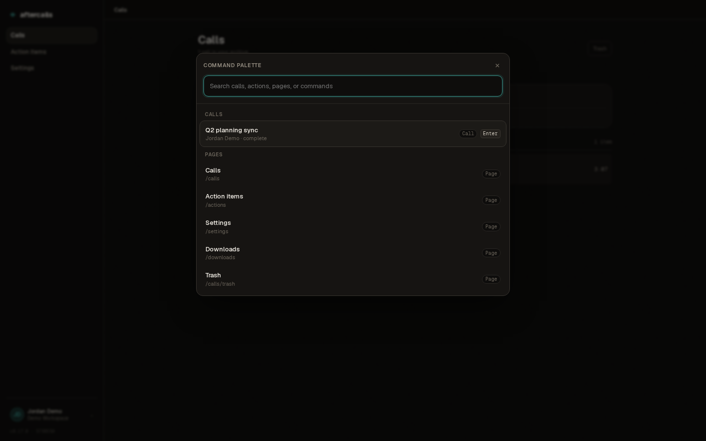 Screenshot of the command palette opened over the Calls page, showing a search field plus quick-jump entries for calls and pages.
