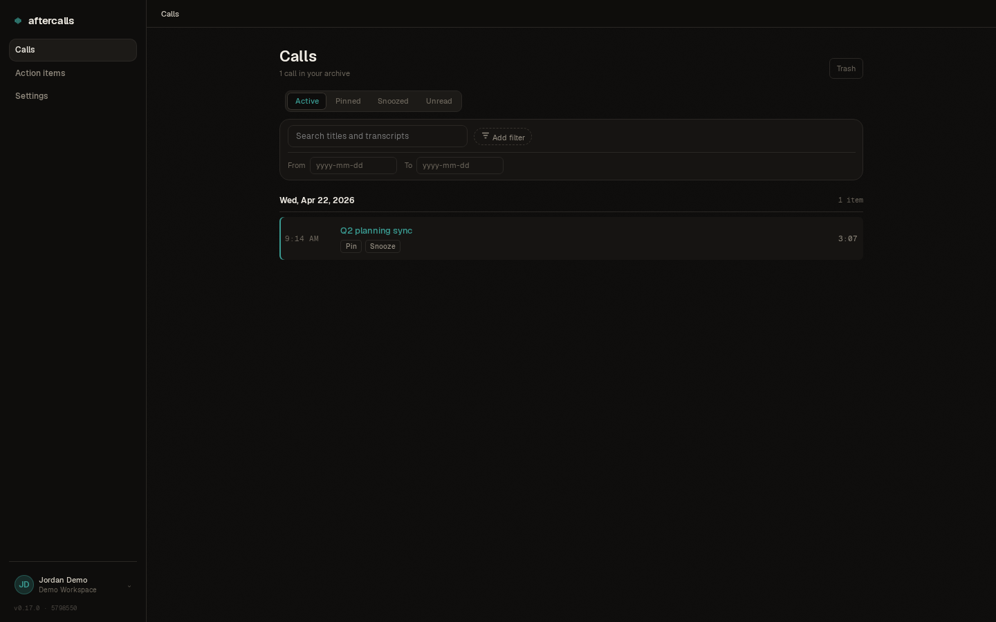Screenshot of the Calls list with the Active, Pinned, Snoozed, Unread filter row at the top and a single call row showing an accent-coloured bar on its left edge marking it unread.