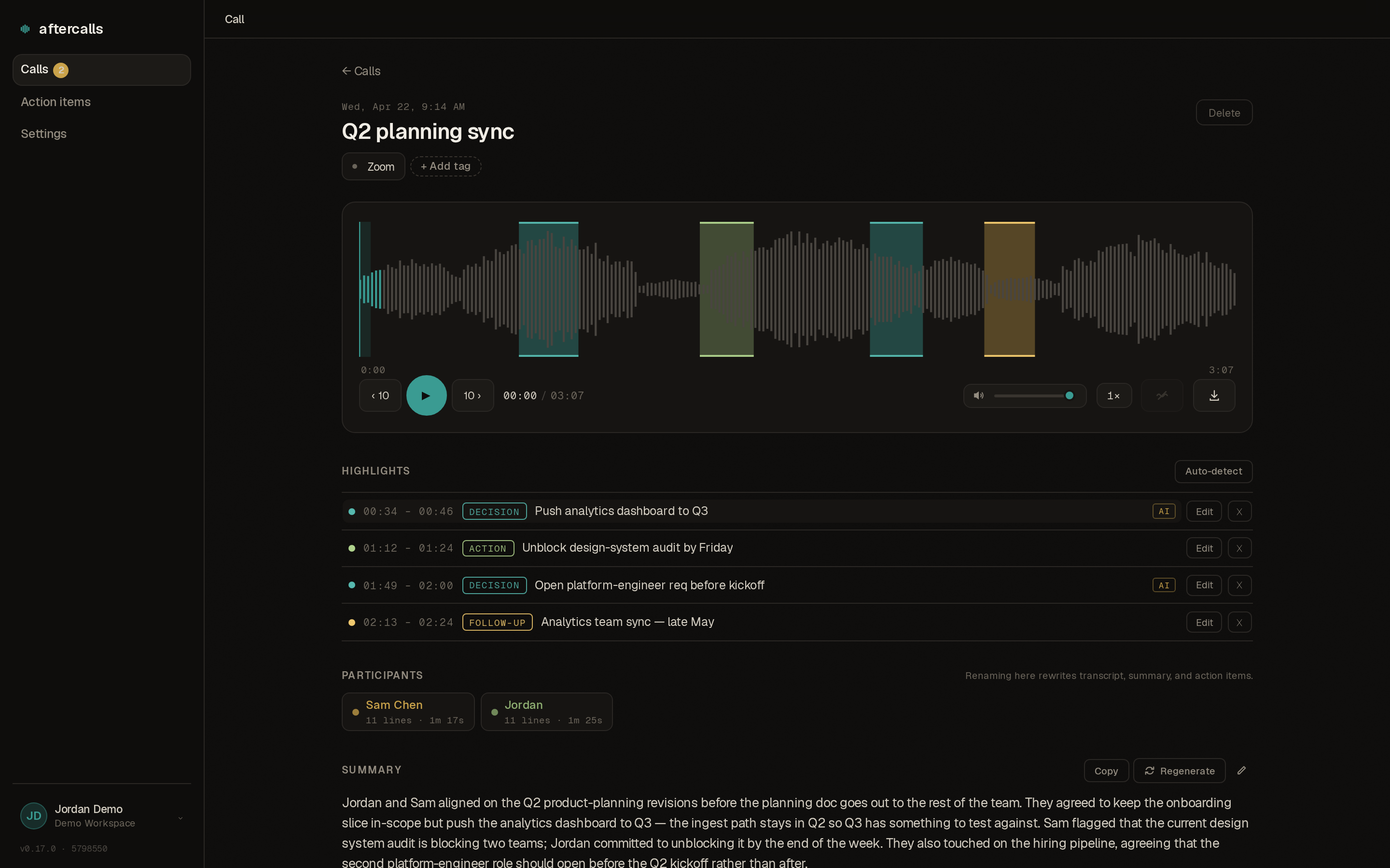 The Q2 planning sync call detail page — title, audio waveform with multi-color speaker tracks, highlights, summary block.