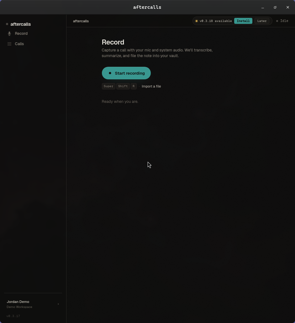 The aftercalls desktop agent's Record screen — sidebar with Record + Calls, Start recording button, ready-state status.